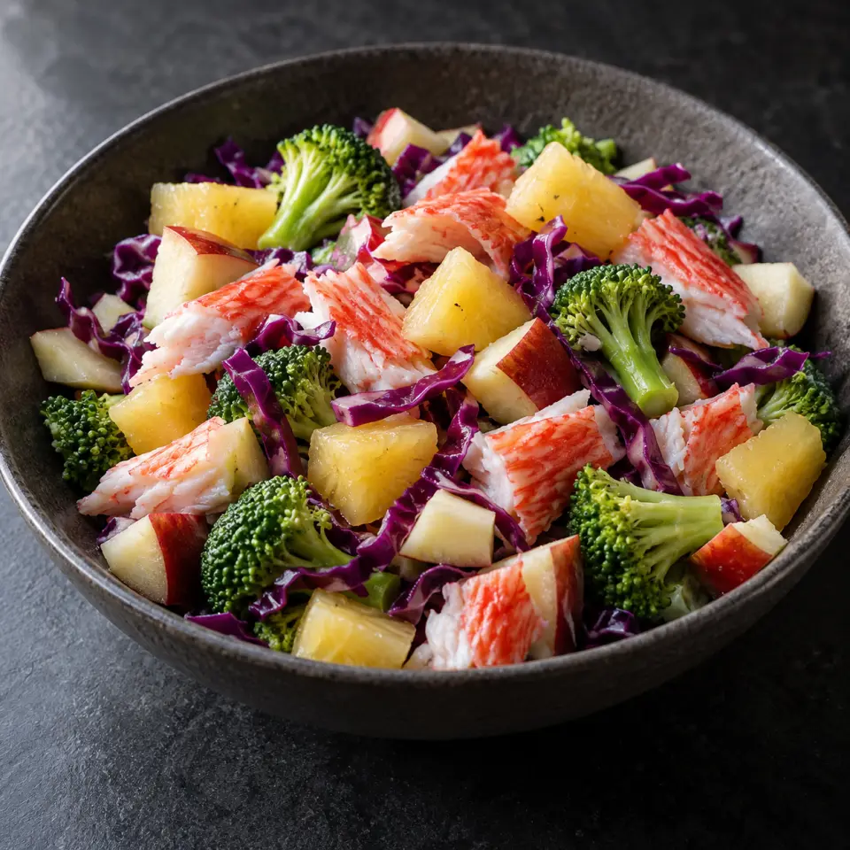 Hawaiian Seafood Red Salad in a wide bowl on a dark stone table, made with ichiban alaskan crab flavored, pineapple tidbits, chopped, cabbage.
