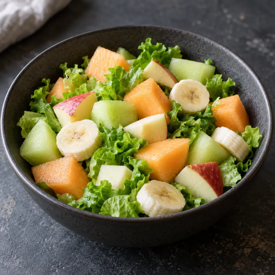 Health102 Fruit Salad in a wide bowl on a dark stone table, made with melons, cantaloupe, lettuce, green leaf.