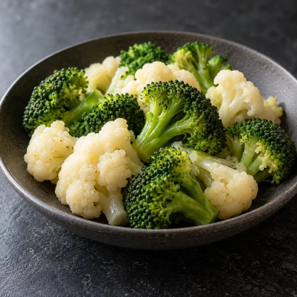 Herbed Broccoli and Cauliflower on a plate on a dark stone table, made with broccoli, cauliflower.