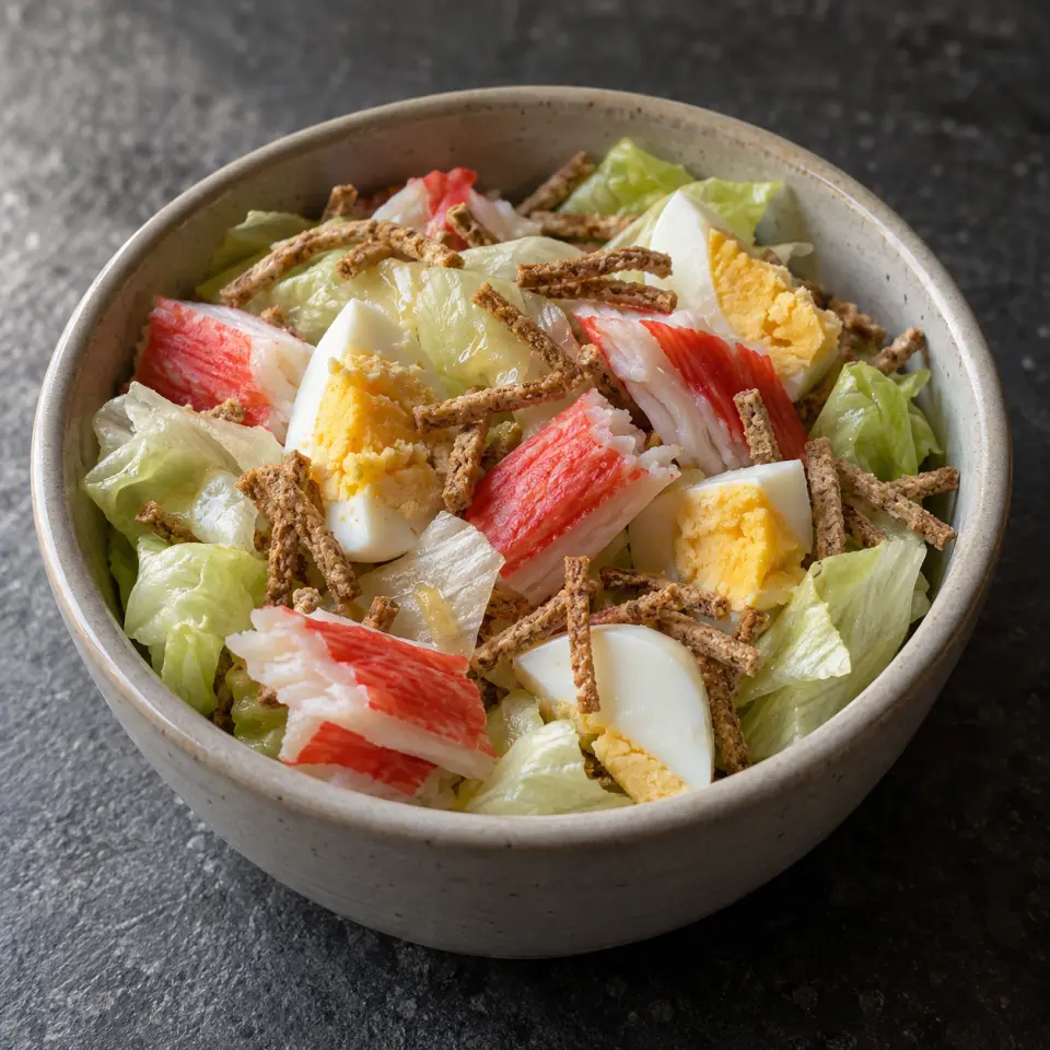 High Protein Seafood Salad Without Sauce in a small jar on a dark stone table, made with crab stick, ice berg lettuce, egg, all-bran regular.