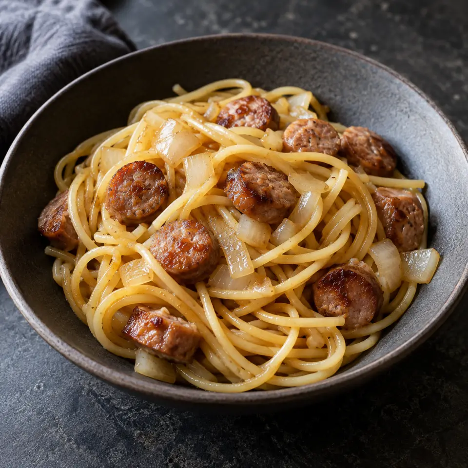 Homemade Spaghetti in a bowl on a dark stone table, made with sausage, spaghetti, white onion, diced.