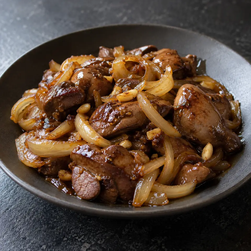Honey Garlic Chicken Liver on a plate on a dark stone table, made with chicken livers, white onion, garlic, honey.
