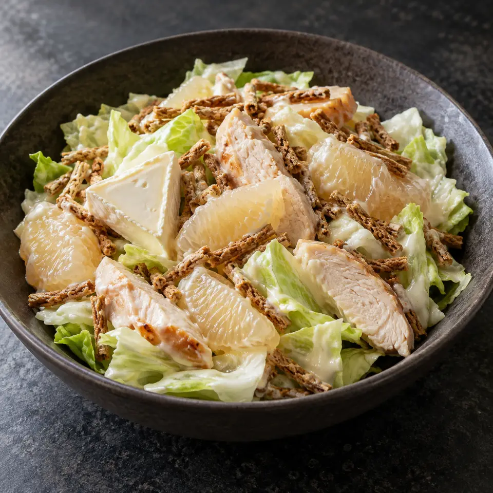 Honey Mustard Chicken Pomelo Salad in a wide bowl on a dark stone table, made with ice berg lettuce, cream cheese wedge, pomelo, chicken breast.