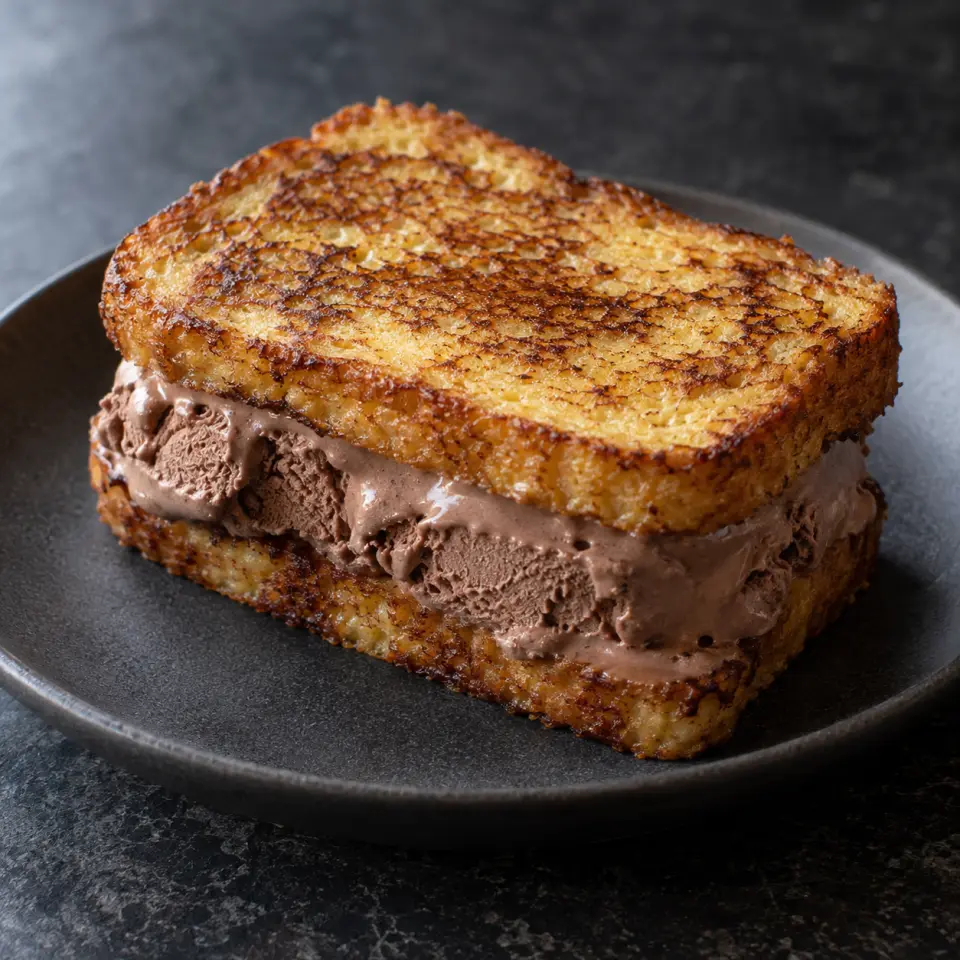 Ice Cream Sandwich on a plate on a dark stone table, made with mikes keto bread, homemade, egg, unsweetened almond milk.