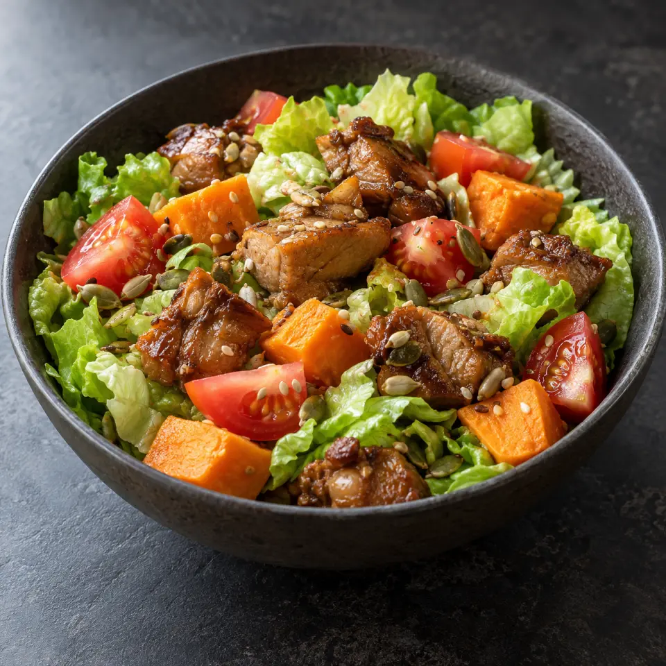 Instant Salad in a wide bowl on a dark stone table, made with adobo, salad topper, tomatoes, خس.