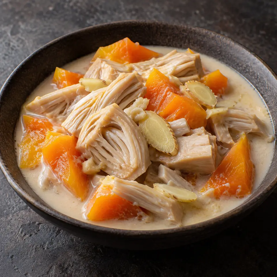 Jackfruit In Coconut Milk on a plate on a dark stone table, made with sliced, jackfruit, papayas, coconut milk.