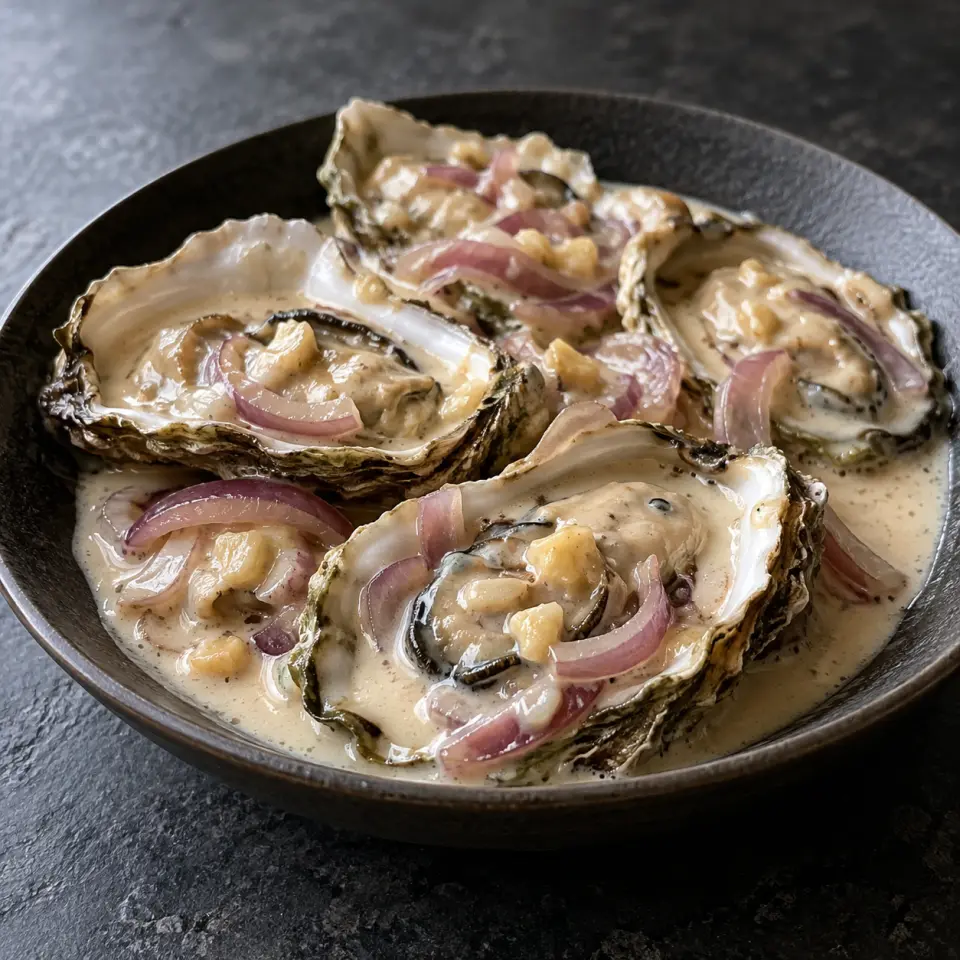 Kangkong In Coconut Cream on a plate on a dark stone table, made with coconut cream, oyster on half-shell, red onion, garlic.