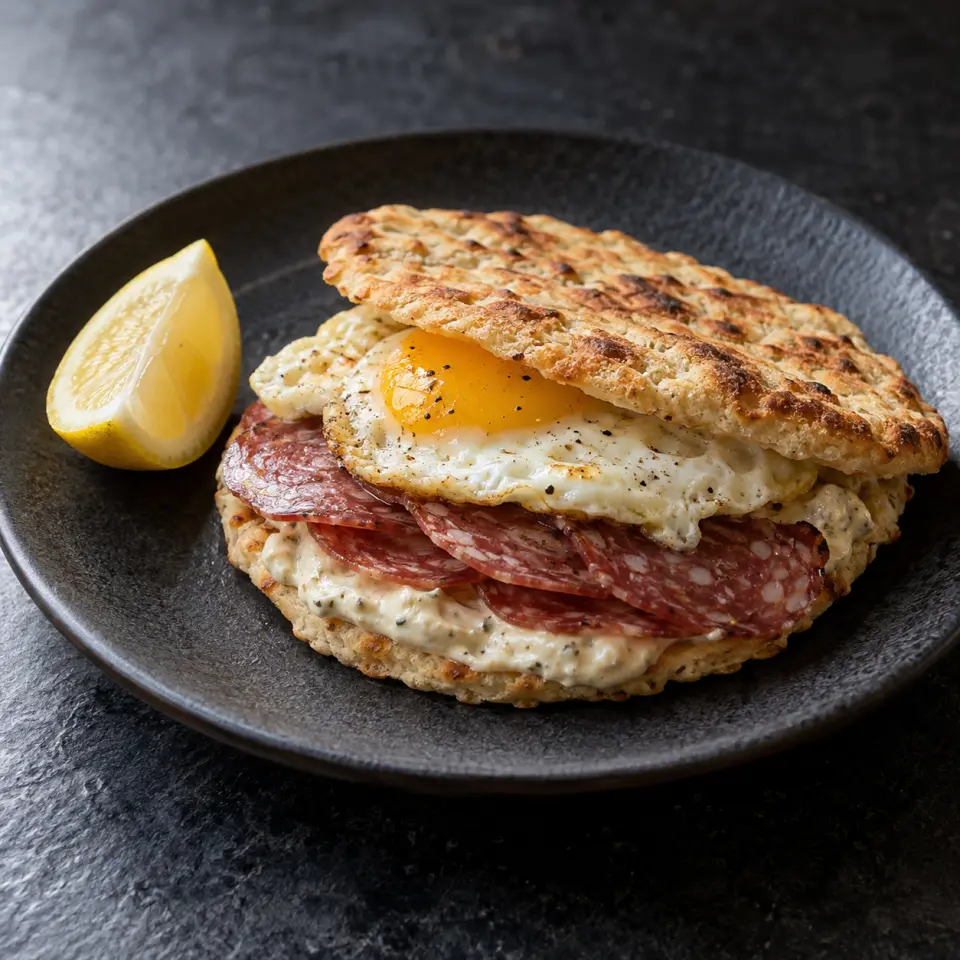 Keto Almond Pita Egg Salami on a plate on a dark stone table, made with salami, beef, almond cauliflower pita, egg.