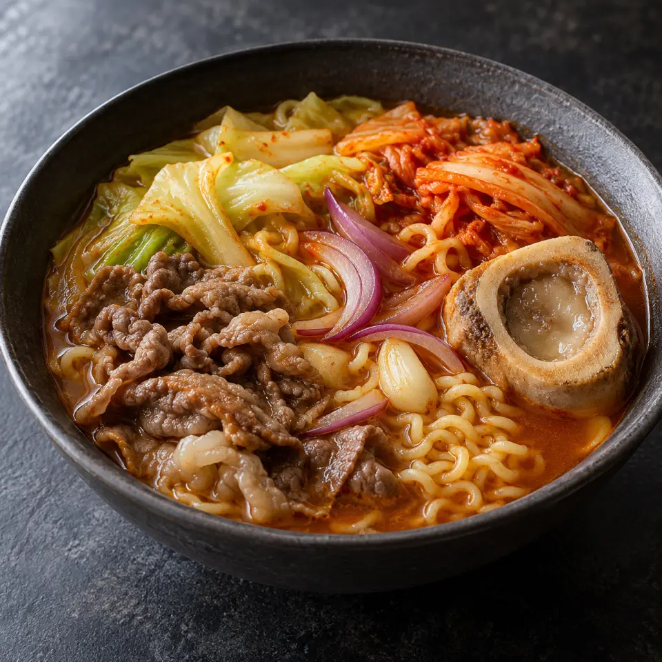 Kimchi Bone Marrow Ramen in a bowl on a dark stone table, made with garlic, sukiyaki beef, green cabbage, kimchi.