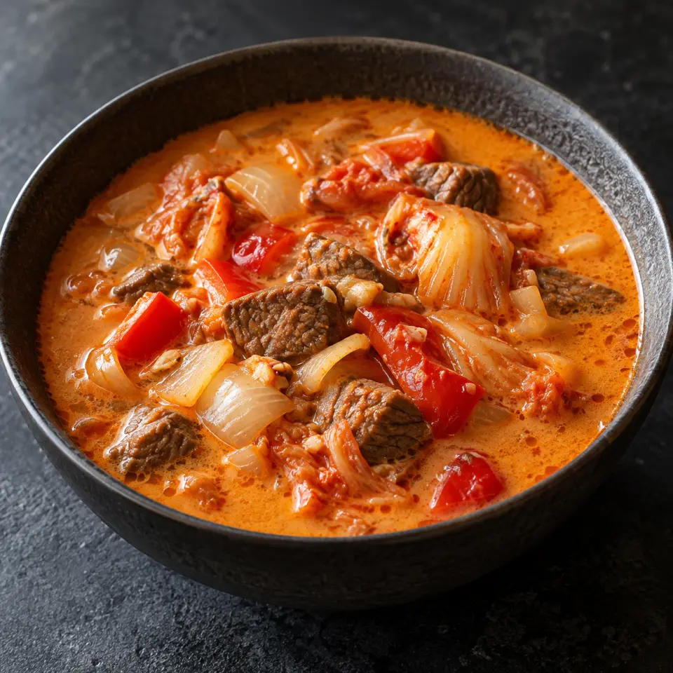 Kimchi Curry Soup in a bowl on a dark stone table, made with unsweetened coconut milk, hh, garlic, red,sweet.