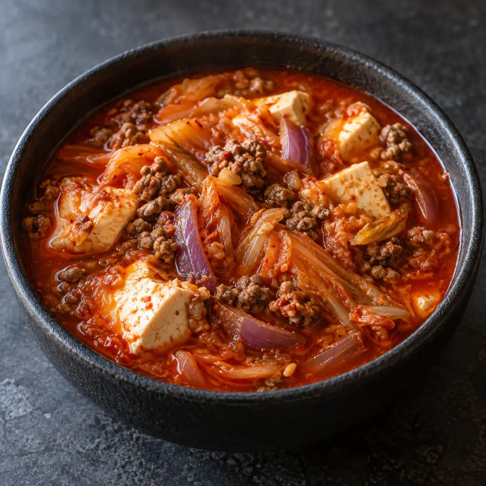 Kimchi Jjigae in a bowl on a dark stone table, made with tofu, soft, garlic, lean ground beef.
