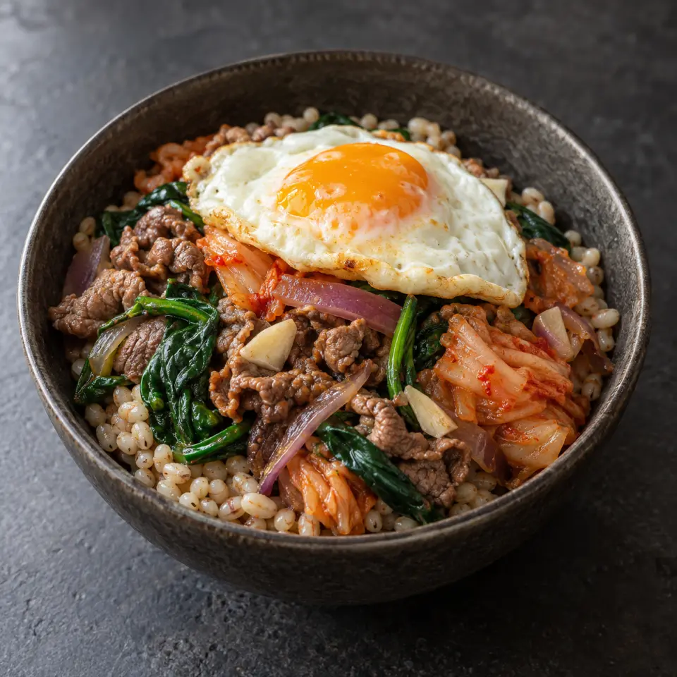 Kimchi Spinach Adlai Mix in a bowl on a dark stone table, made with beef sukiyaki meat, egg, kimchi, adlai rice.