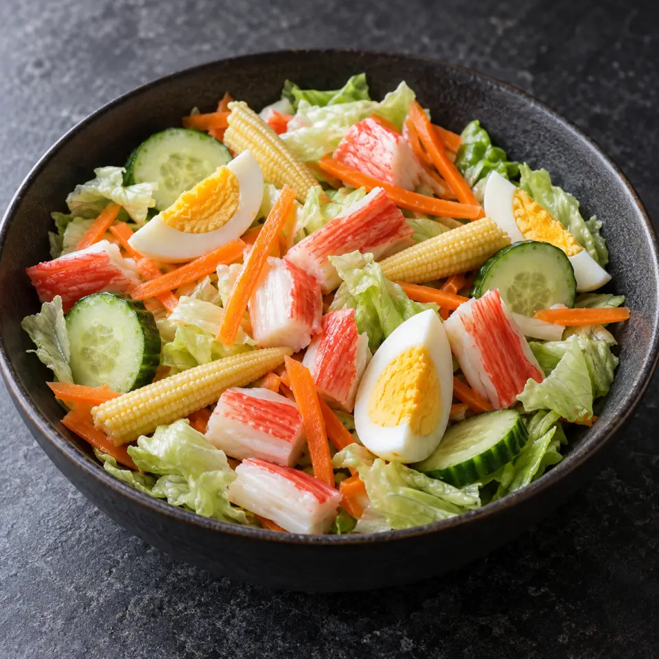 Low Cal Refreshing Salad in a wide bowl on a dark stone table, made with nuts, almonds, ichiban alaskan crab flavored, ice burg lettuce.