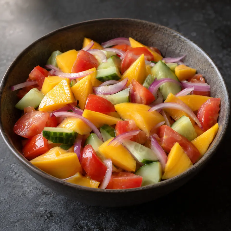 Mango Ensalada in a wide bowl on a dark stone table, made with tomatoes, mango, cucumber, red onion.