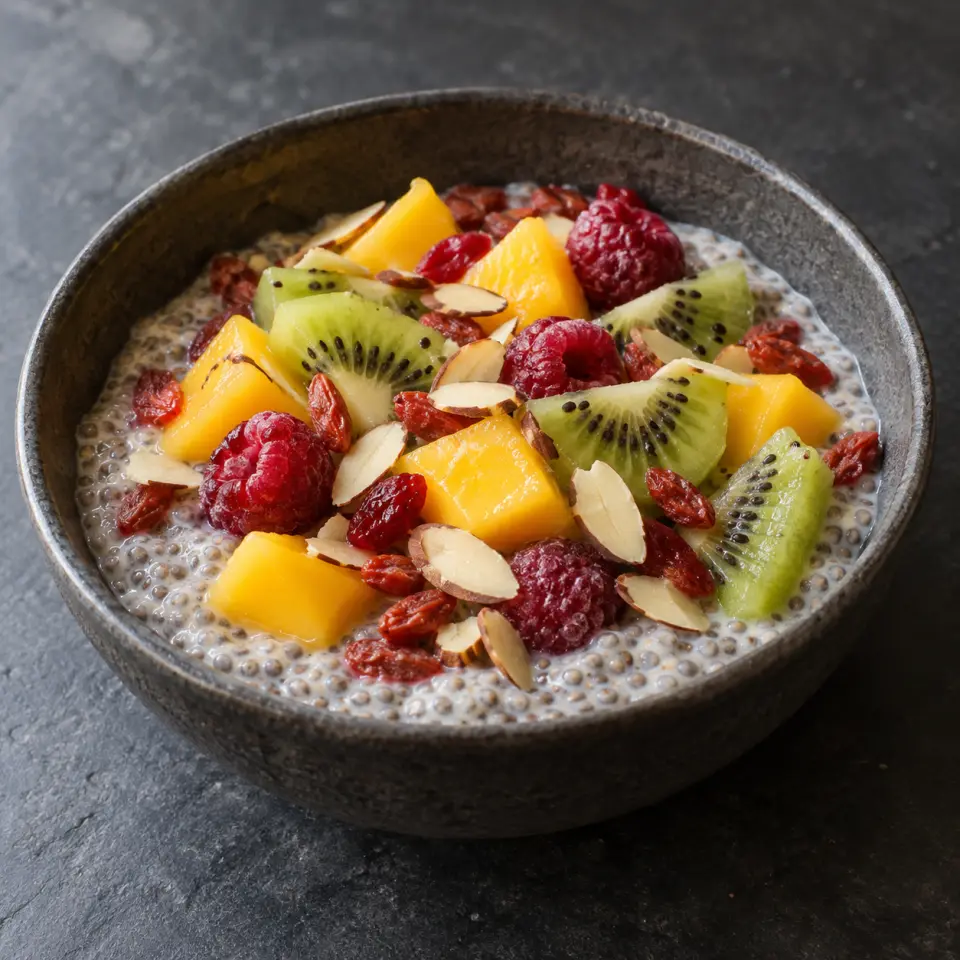 Mango Raspberry Goji Chia Pudding on a plate on a dark stone table, made with organic almond milk, kiwi, mangos, goji berries.