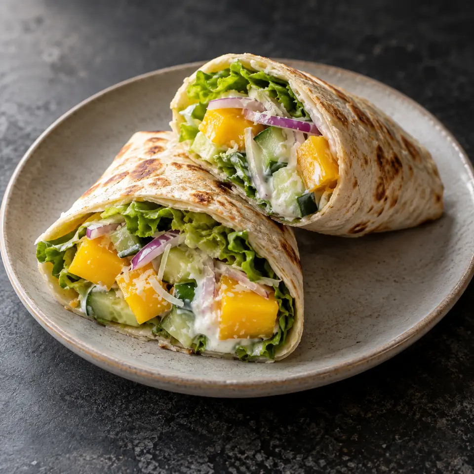 Mango Veggie Wrap on a plate on a dark stone table, made with lettuce, tortilla wrap, pieces, mango.