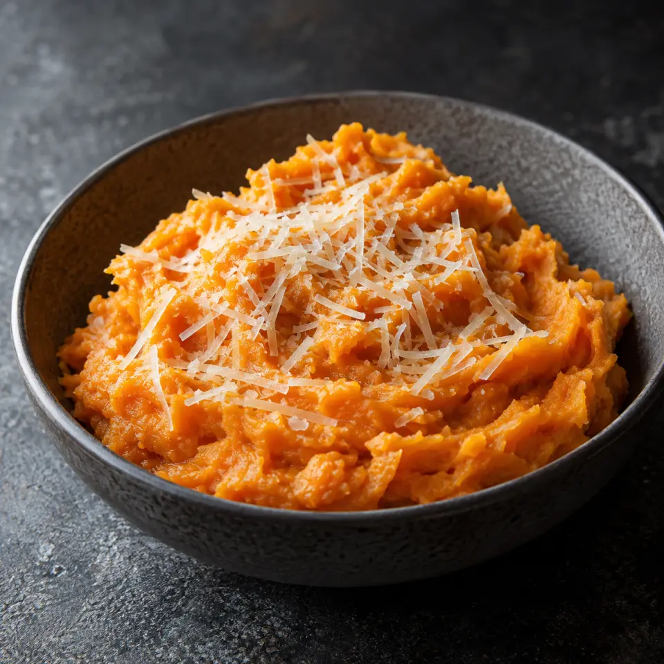 Mashed Sweet Potato on a plate on a dark stone table, made with sweet potato, cheese - parmesan, shredded.