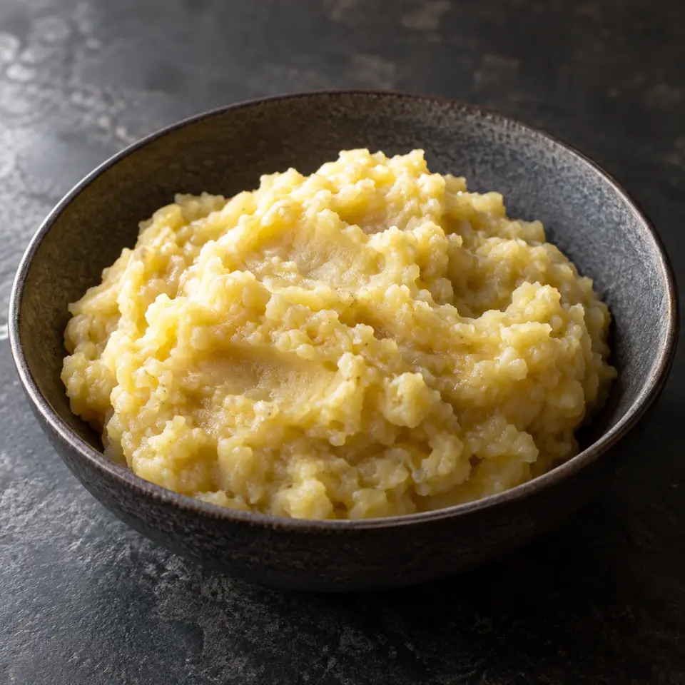 Mashed Unripe Plantain on a plate on a dark stone table, made with unripe plantain, evaporated milk, butter, salted.
