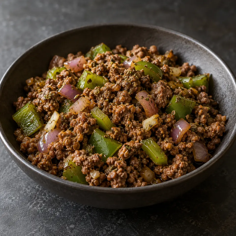 Mexican Ground Beef on a plate on a dark stone table, made with ground beef, capsicum green, red onion, garlic.