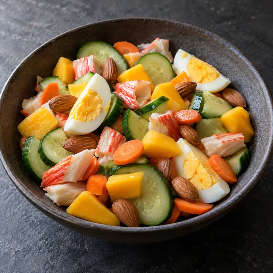 Mixed Cucumber Salad in a wide bowl on a dark stone table, made with cucumber, imitation crab, small, mango.