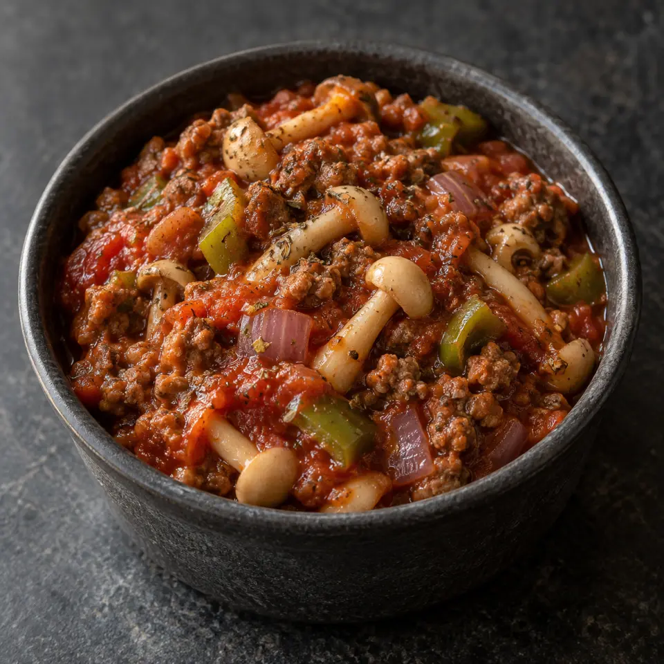 Mushroom Meaty Sauce in a small jar on a dark stone table, made with ground beef, white beech mushrooms, capsicum - green, red onion.