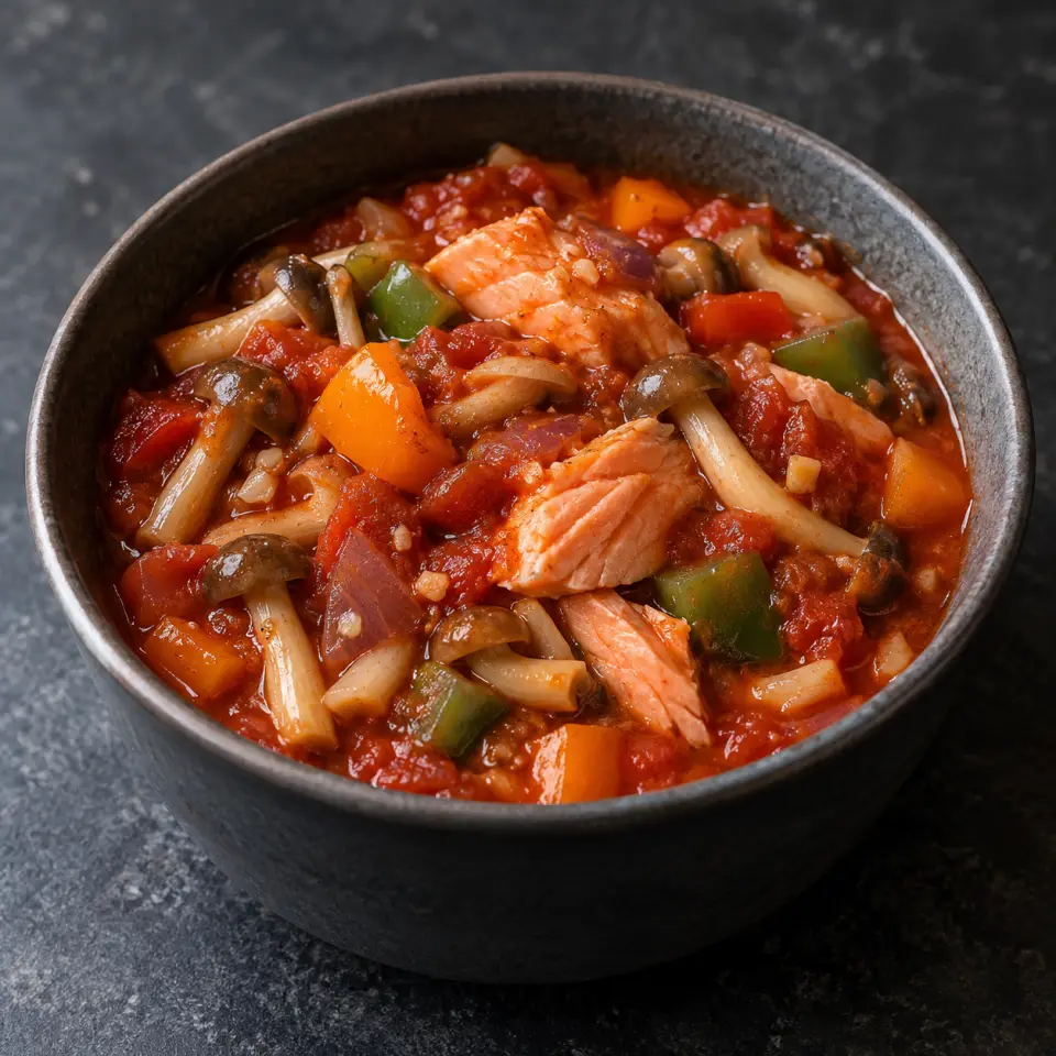 Mushroom Salmon Tomato Sauce in a small jar on a dark stone table, made with brown beech mushroom, sweet, capsicum, orange 100g.