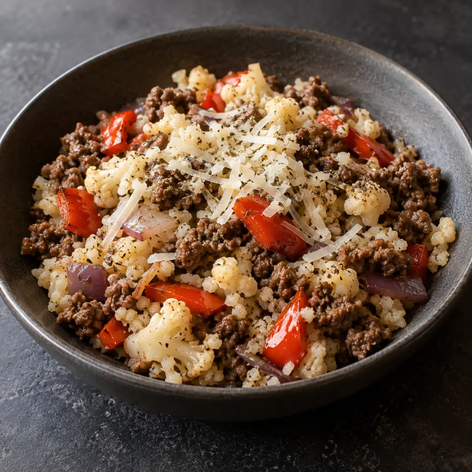 Naked Burrito on a plate on a dark stone table, made with lean beef, parmesan, cauliflower, red capsicum.