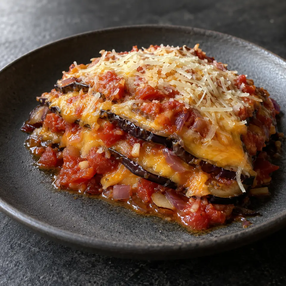 No Bake Eggplant Lasagna on a plate on a dark stone table, made with tomatoes, eggplant, red onion, cheese - parmesan.