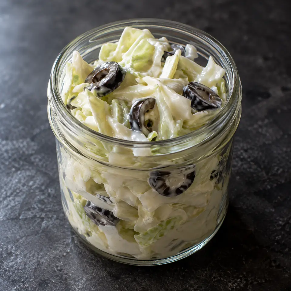 No Mayo Coleslaw in a small jar on a dark stone table, made with chopped, cabbage, greek live yogurt, lemon juice.