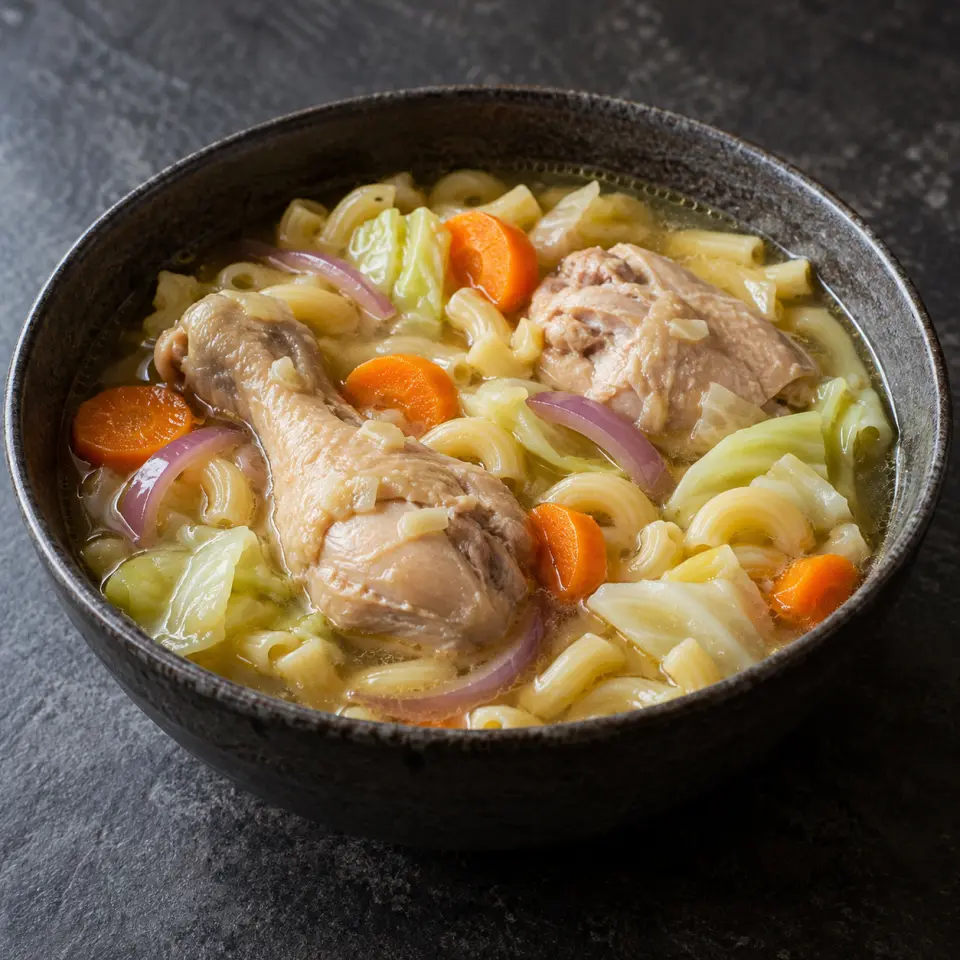 No Milk Chicken Sopas in a bowl on a dark stone table, made with garlic, chicken legs and thighs, carrots, cabbage.