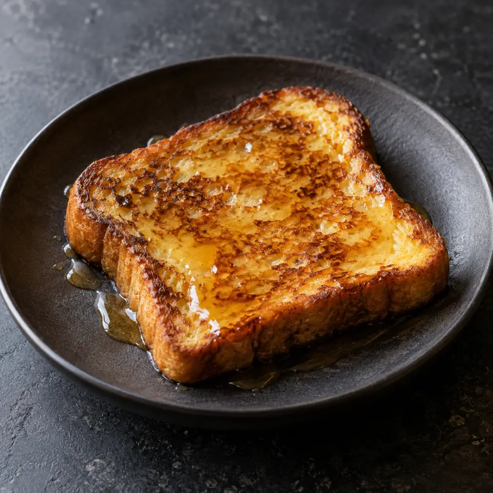 No Oil French Toast on a plate on a dark stone table, made with egg, honey.