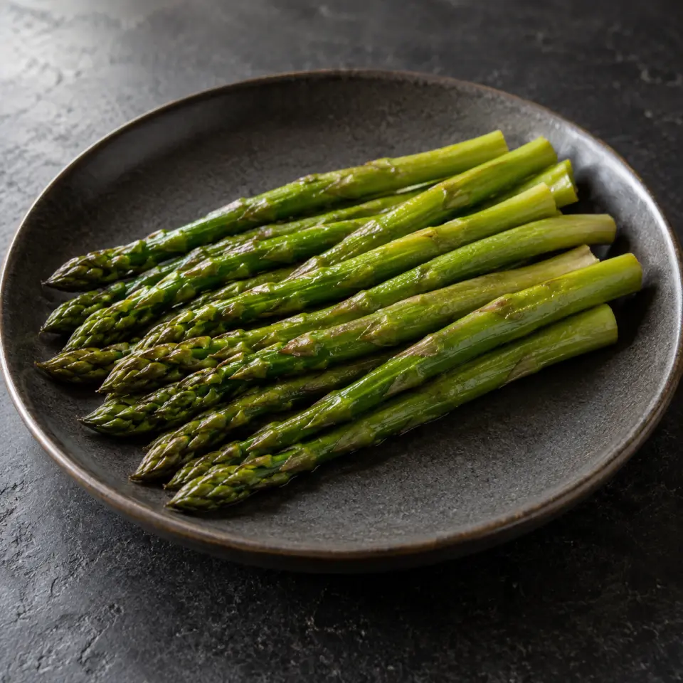 Omega-3 Infused Asparagus on a plate on a dark stone table, made with asparagus.