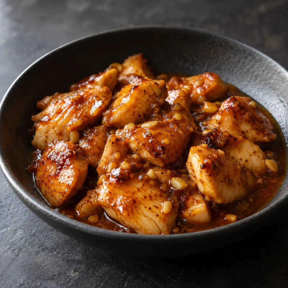Orange Chicken on a plate on a dark stone table, made with chicken breast, skinless, garlic, spices.