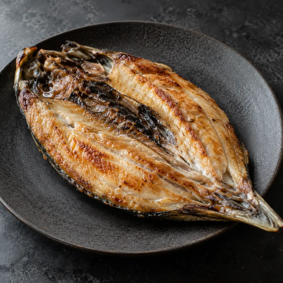 Pan Grilled Bangus on a plate on a dark stone table, made with boneless milkfish.