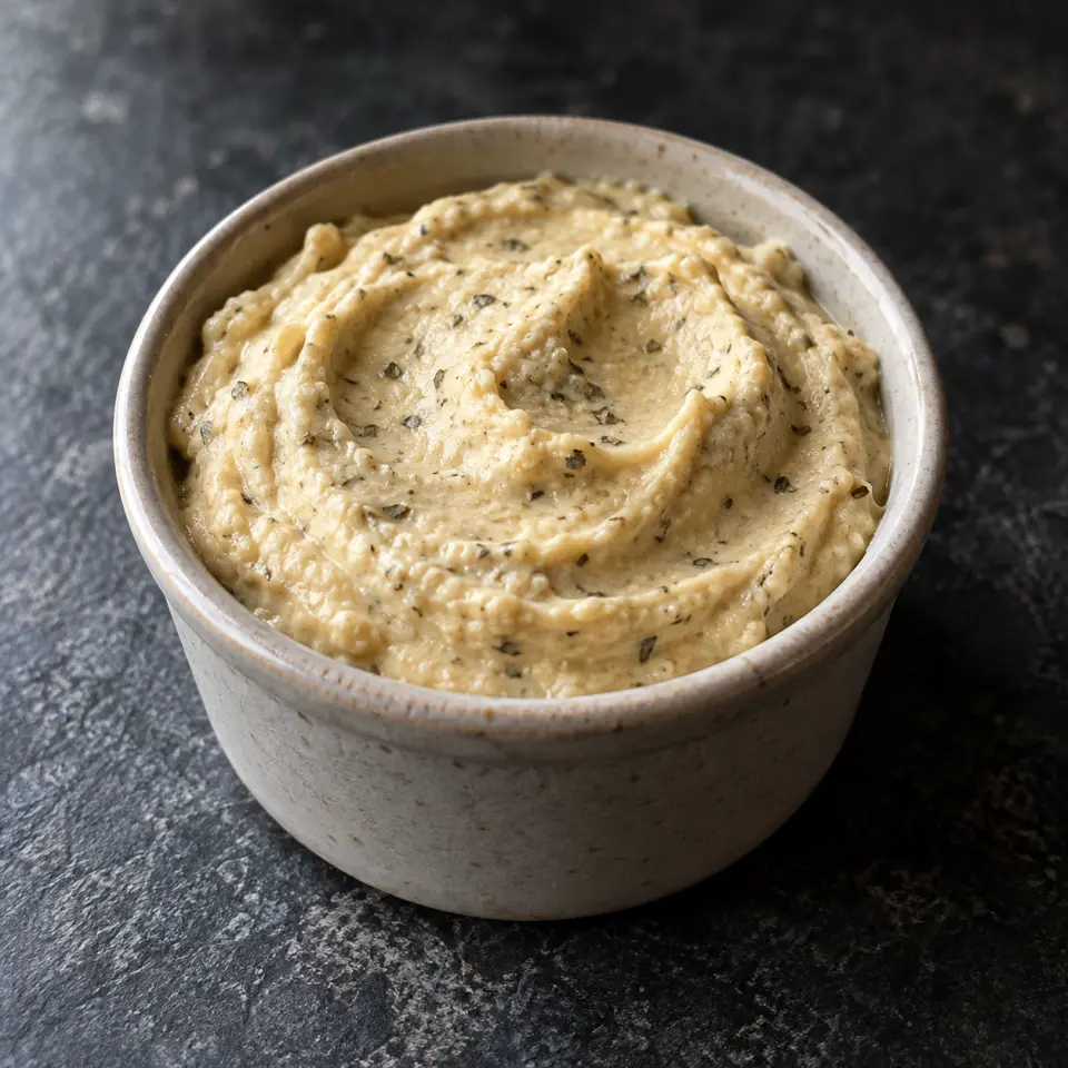 Pea Hummus in a small jar on a dark stone table, made with pod plain plant pea protein, ground, basil, dried.