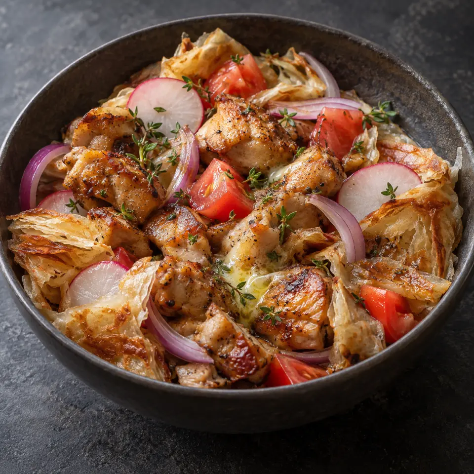 Pepper Chicken Paratha Bowl in a bowl on a dark stone table, made with chicken thigh skinless boneless, paratha, radish, tomato.