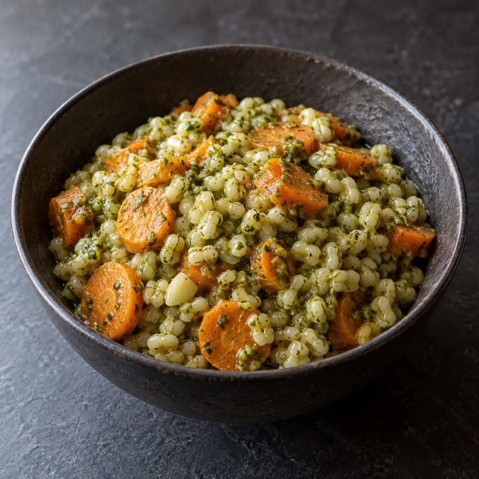 Pesto Carrot Adlai in a bowl on a dark stone table, made with adlai rice, pesto sauce, carrots, squeezed lemon juice.