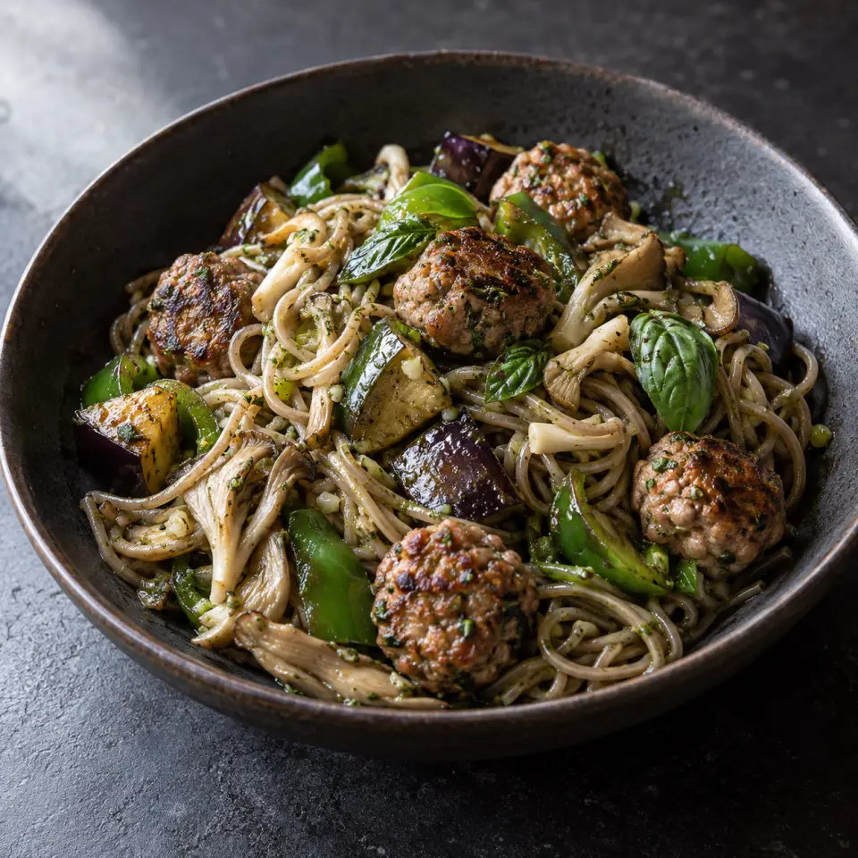 Pesto Pasta Oolong Tea with Meatballs in a bowl on a dark stone table, made with lean beef patty, eggplant, soba, mushrooms.