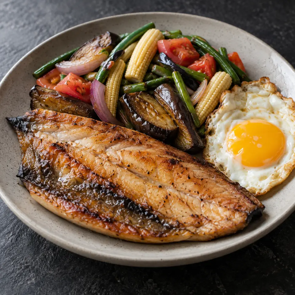 Pinoy Style Meal on a plate on a dark stone table, made with boneless milkfish, eggplant, young corn, string beans.