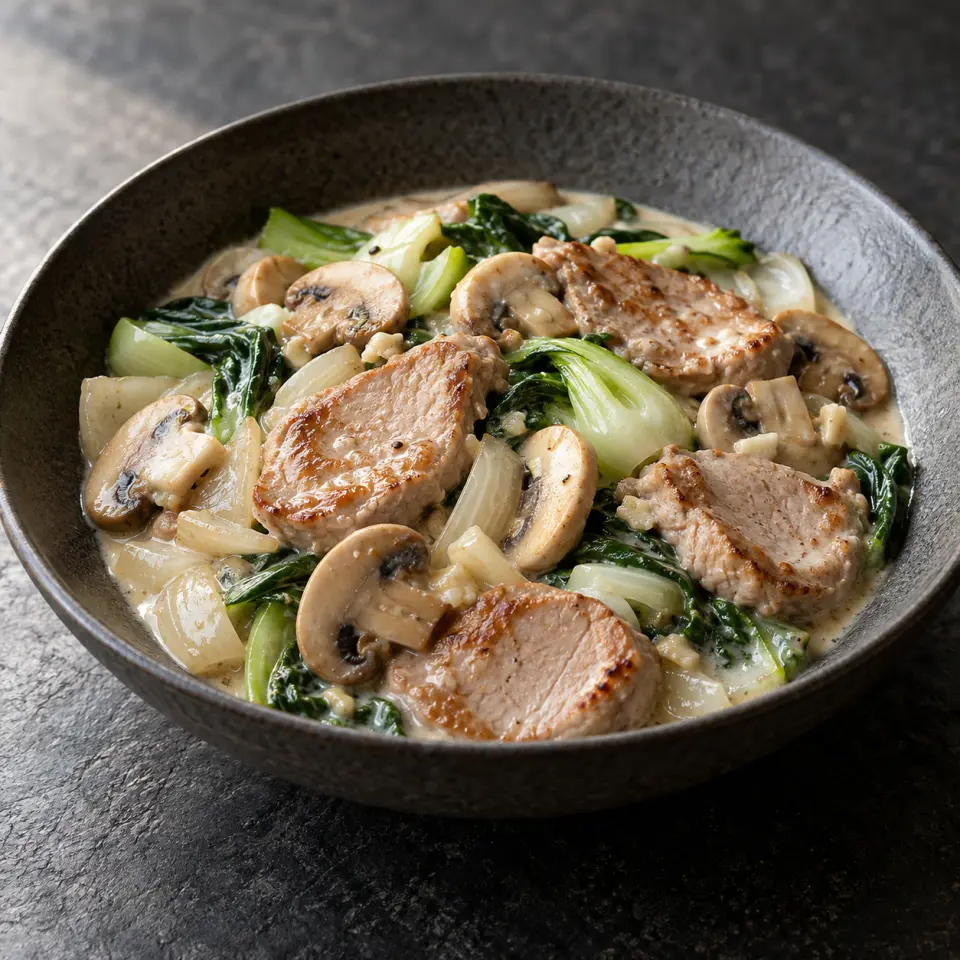 Pork and Mushrooms on a plate on a dark stone table, made with puremilk 200ml, garlic, pork tenderloin, white button.