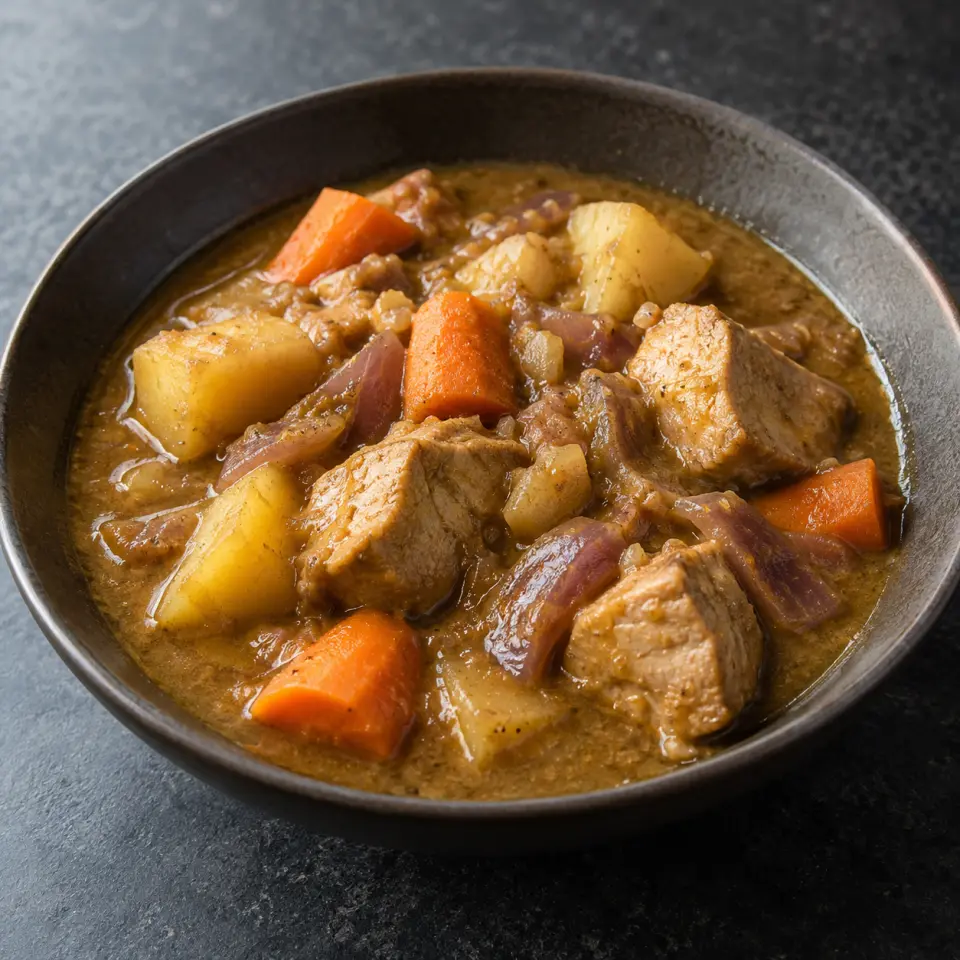 Pork Curry on a plate on a dark stone table, made with pork -, loin, tenderloin, broiled.