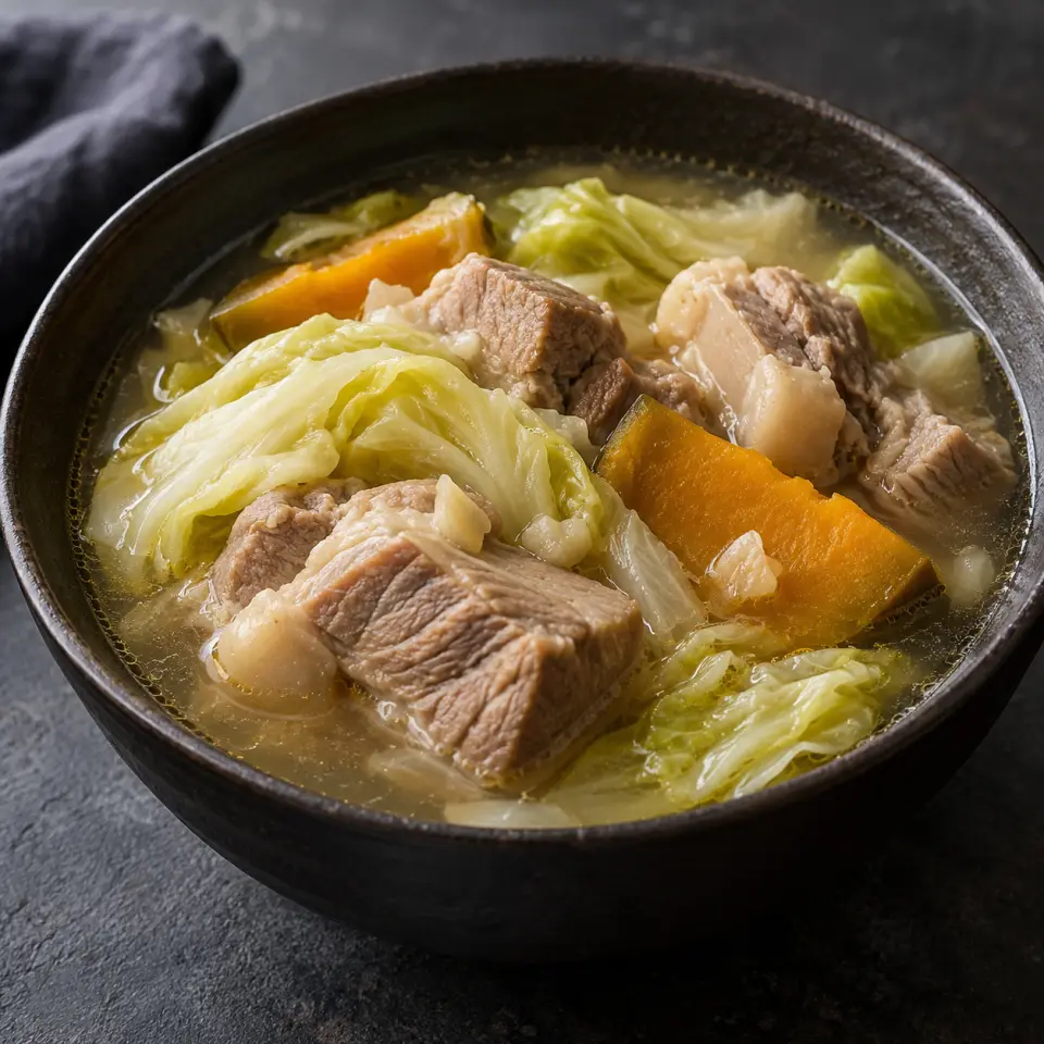 Pork Nilaga in a bowl on a dark stone table, made with pork / boston butt, green cabbage, pumpkin, garlic.