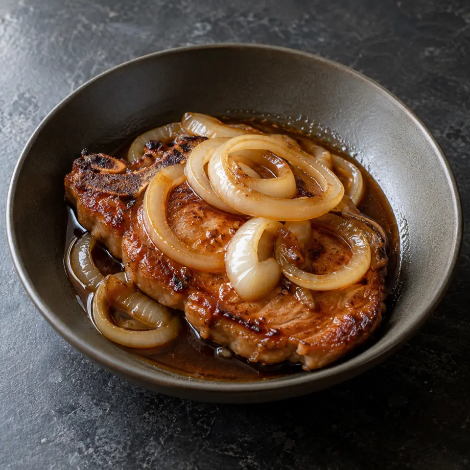 Pork Steak on a plate on a dark stone table, made with pork chop, kikoman, white onion.