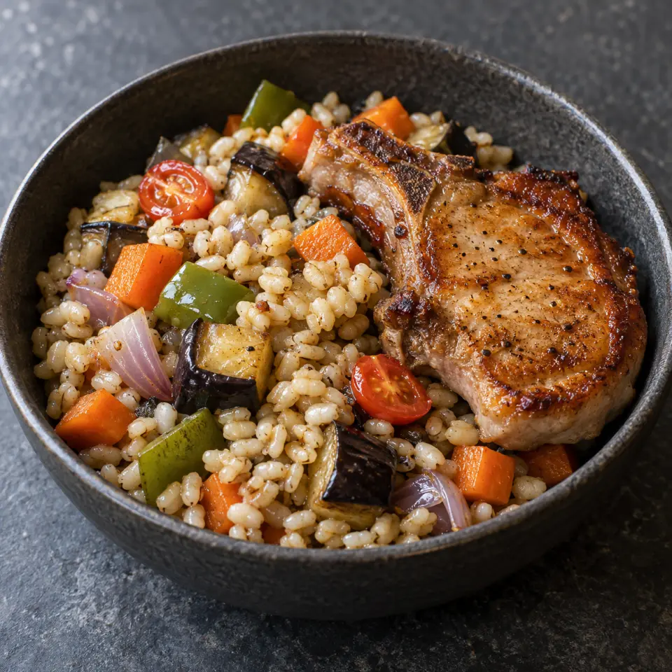 Porkchop Adlai Fried Rice in a bowl on a dark stone table, made with porkchop, cherry, carrots, adlai rice.