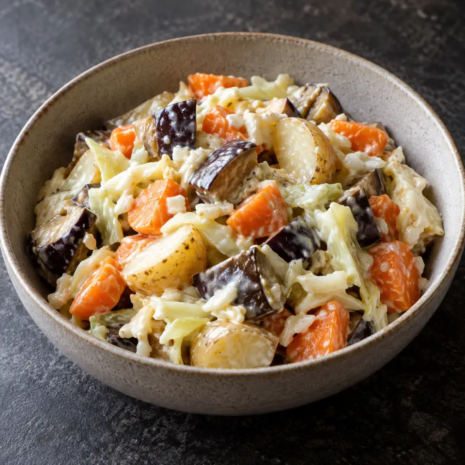 Potato Vegetable Salad in a wide bowl on a dark stone table, made with eggplant, carrots, garlic marble potatoes, cabbage.