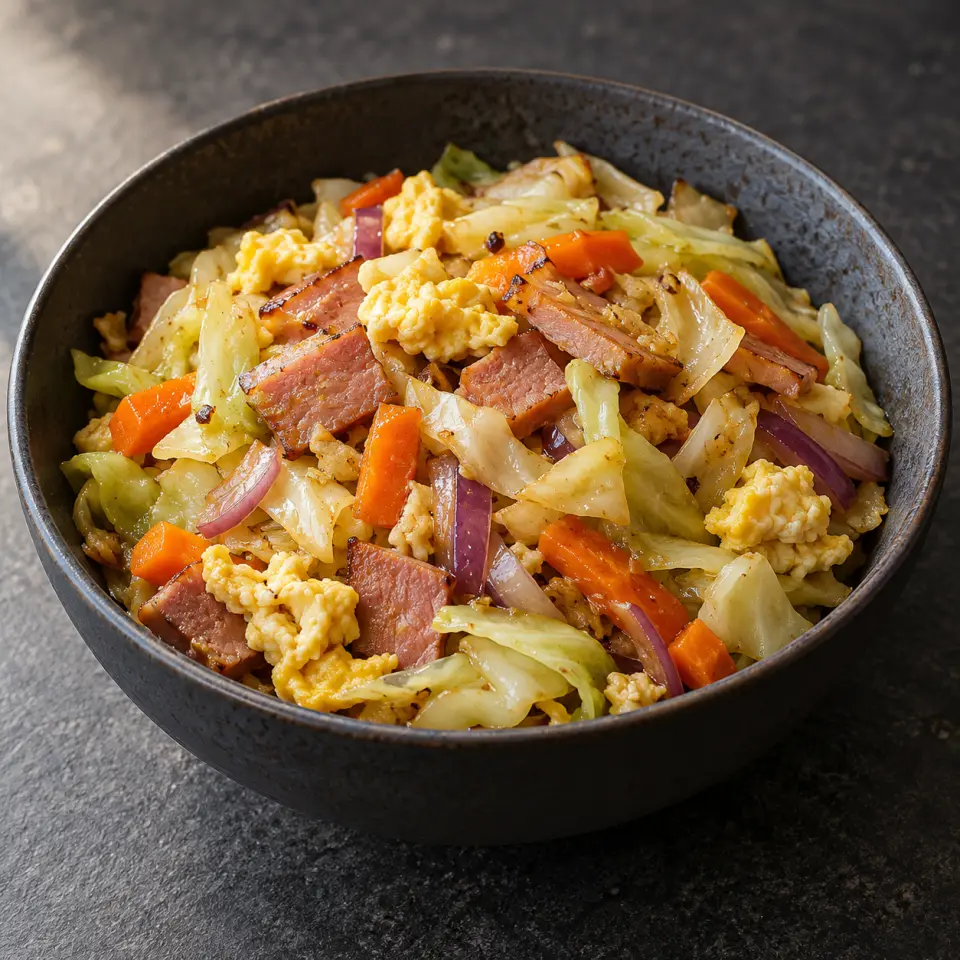 PrepMeal Ham Cabbage Bowl in a bowl on a dark stone table, made with cabbage, egg, carrots, ham - honey.