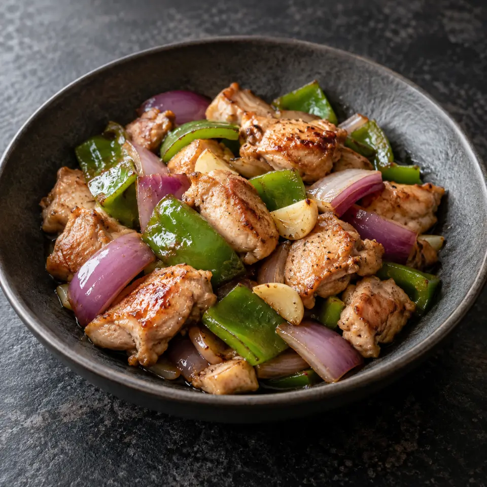 Rainbow Chicken on a plate on a dark stone table, made with chicken in brine, capsicum - green, red onion, garlic.