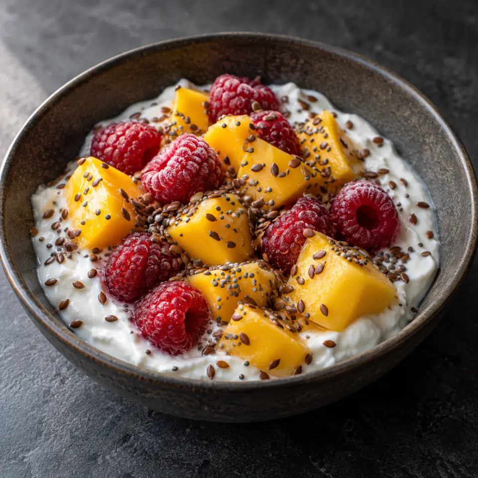 Raspberry Mango Yogurt on a plate on a dark stone table, made with greek live yogurt, raspberries all natural, mangos, whole.