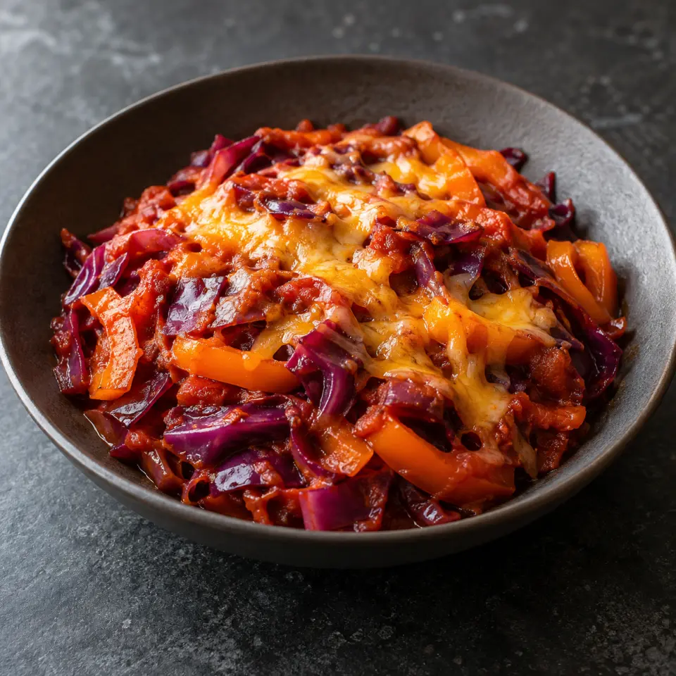 Red Cabbage and Bellpepper in Tomato Puree on a plate on a dark stone table, made with cabbage, red, sweet, capsicum.