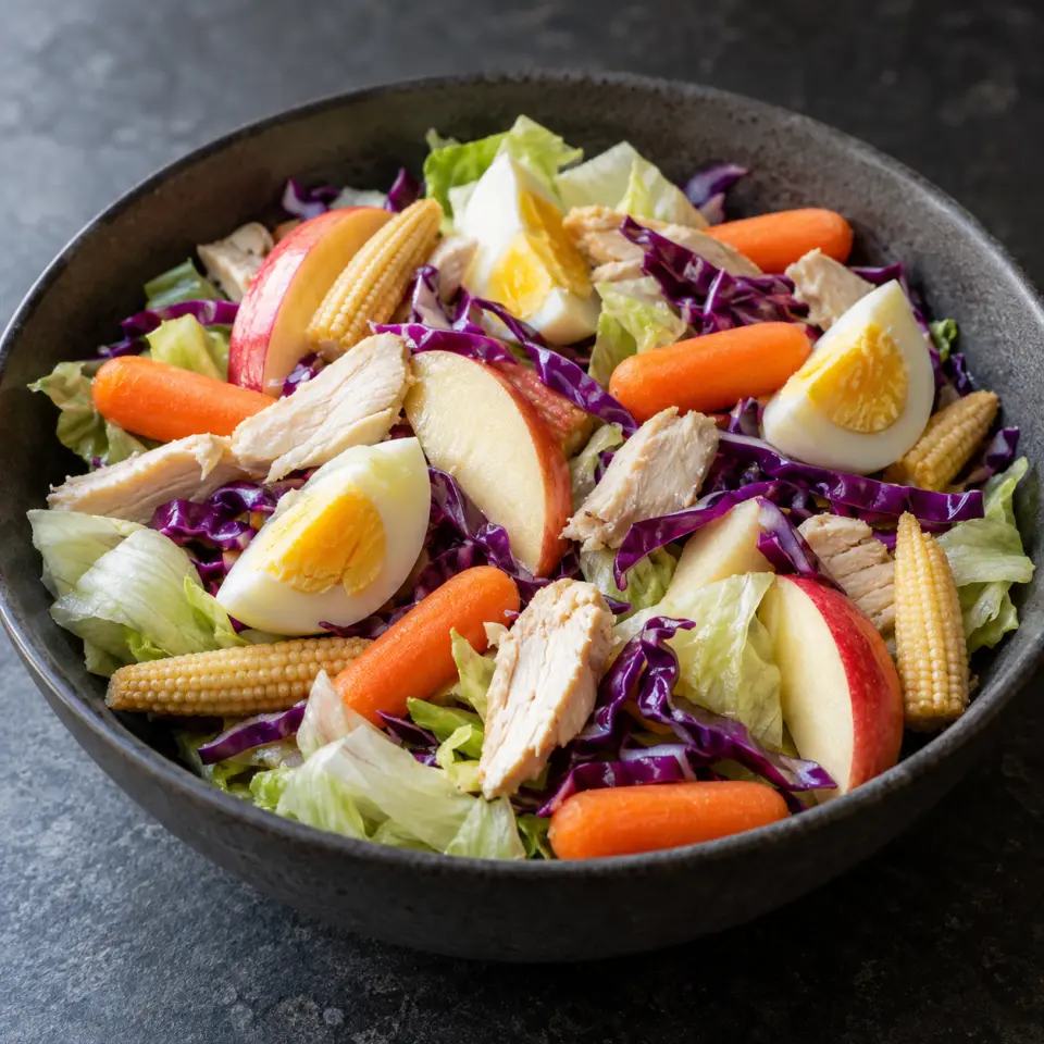 Red Cabbage Chicken Egg Salad in a wide bowl on a dark stone table, made with egg, whole, hard, baby carrots 170g.